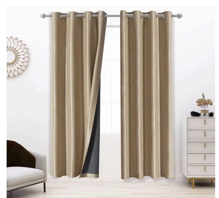 LORDTEX 100% Dupioni Silk Blackout Curtains 2 Panel 52 x 108 Inches,Thermal Gold