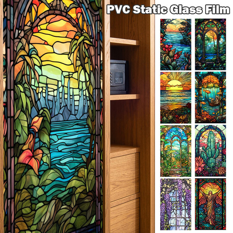 Static Cling Stained Tropical Plant Flower Sunrise PVC Window Glass Sticker