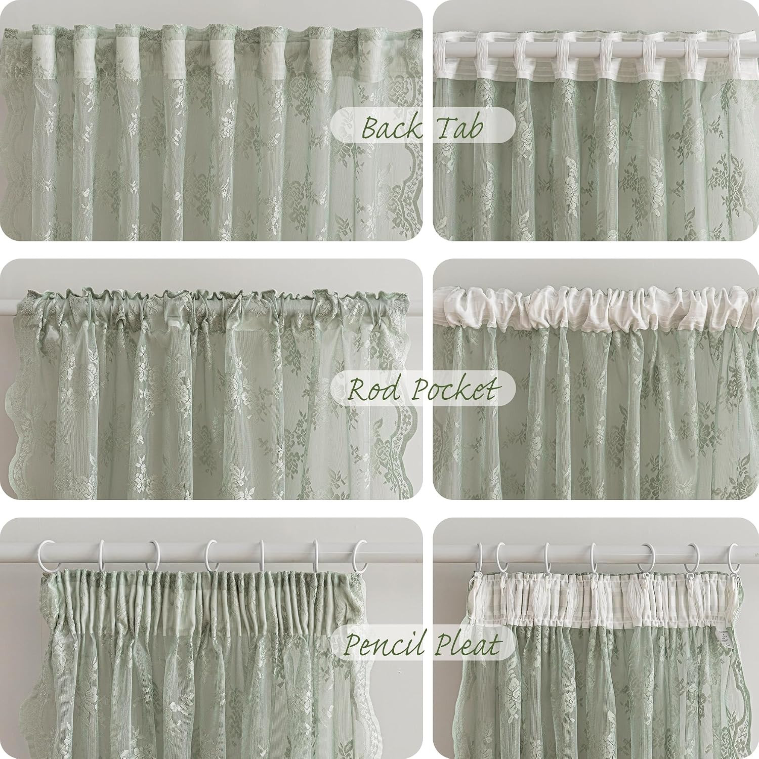 Lace Sheer Curtains 63 Inch Length Sage Green Spring Curtains Vintage Victorian