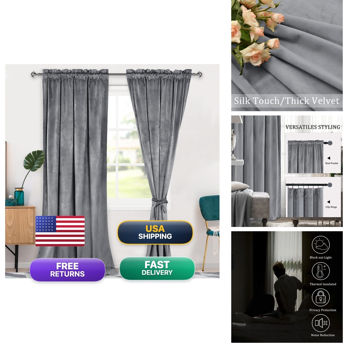 Hiasan Grey Velvet Curtains 108 Inches-Blackout Thermal Insulated Solid Soft