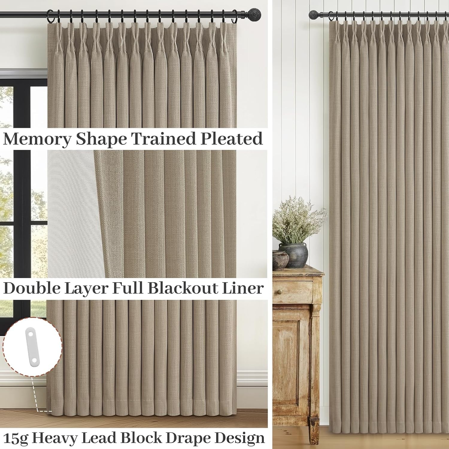 70 Inch Extra Wide Memory Trained Pinch Pleated Blackout Living Room Curtains