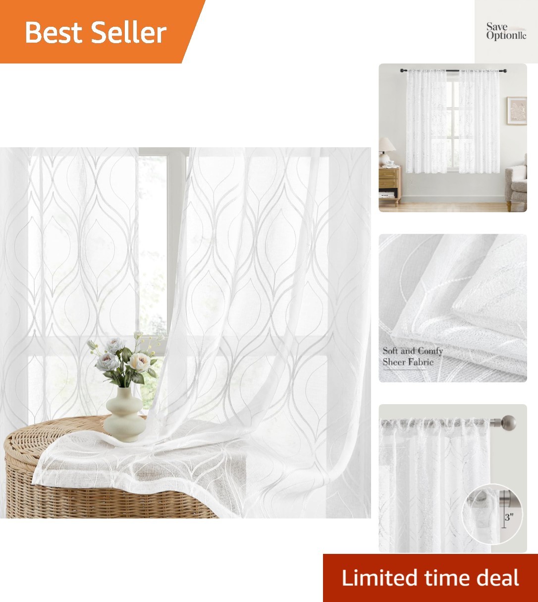 White Sheer Curtains, 52 x 63 Inch Length Moroccan Embroidered Pattern Rod Po…