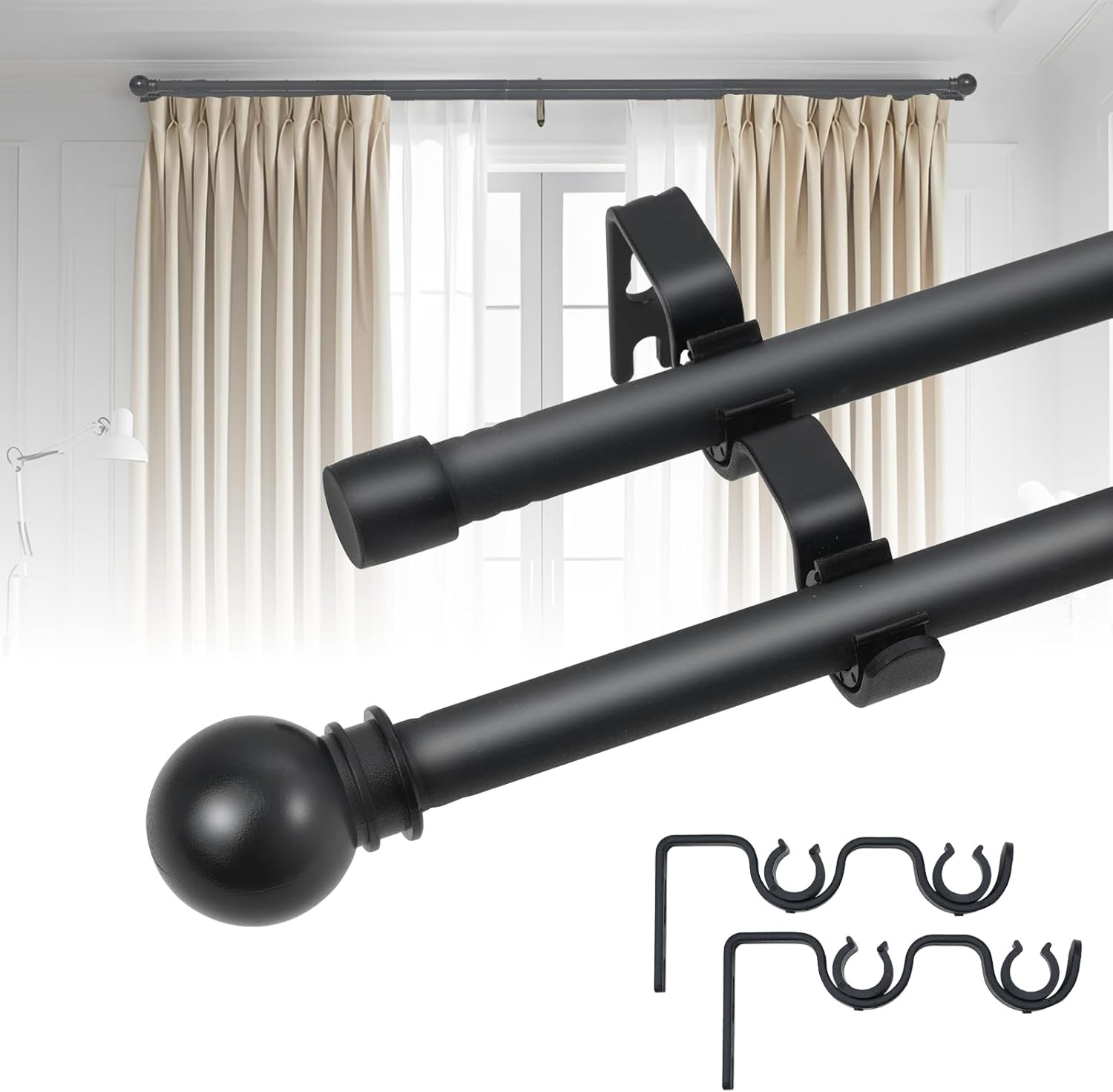 Black Double Window Curtain Rods 31 to 52 Inches, 5/8 Inch Diameter Dual Drapery