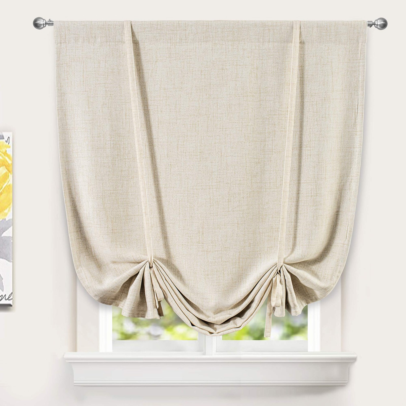 Linen Beige Tie Up Window Curtain Shade Drape Rod Pocket for Kitchen Living Room