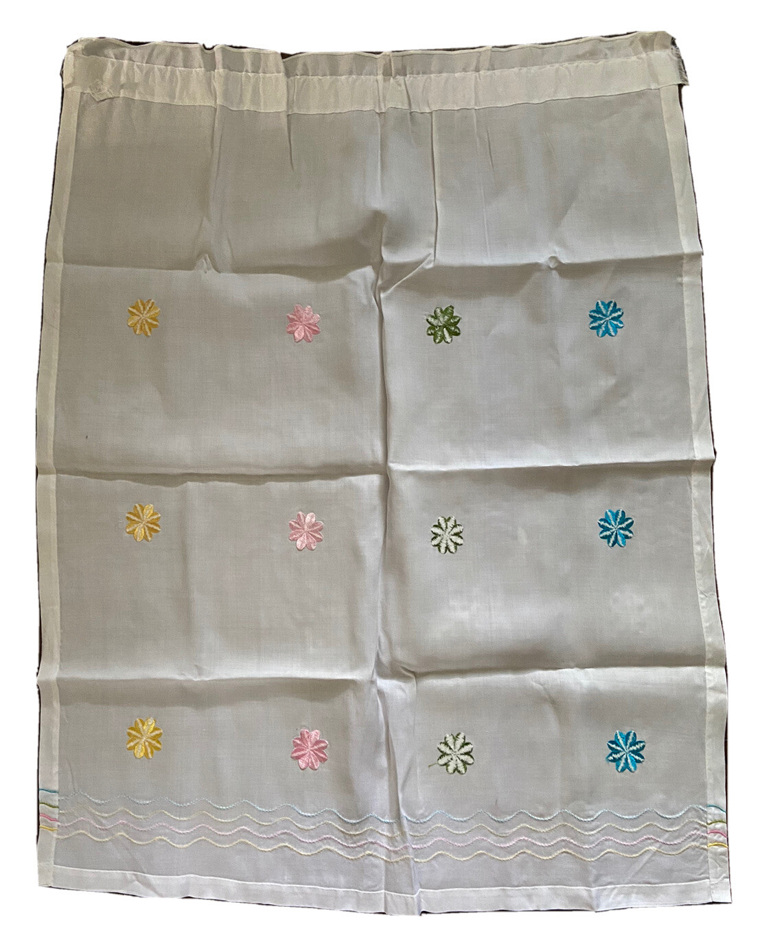 Vintage White Curtains W/Valence Embroidered Multi Colored Floral Design vg