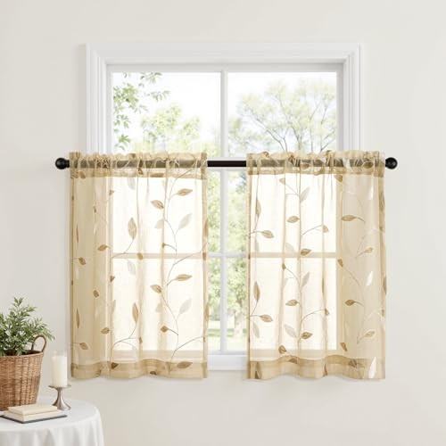Sheer Curtains 2 Panels Embroidered Leaf 30″W x 36″L (Pack of 2) Beige
