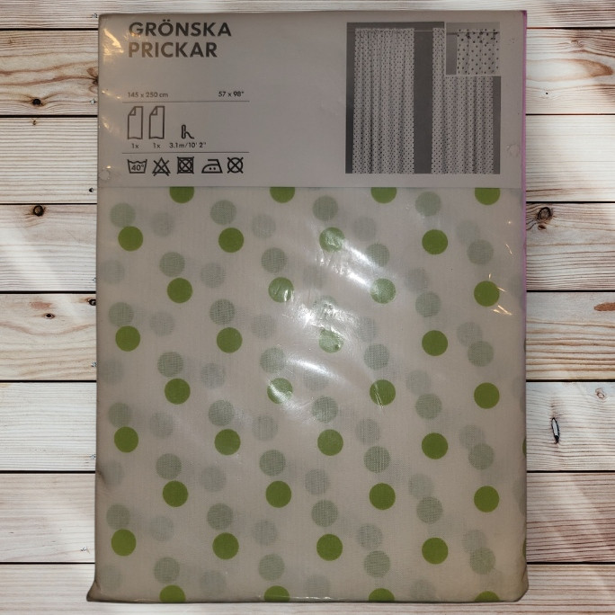 GRONSKA PRICKAR – Semi-Sheer White Curtain Green Dots – IKEA – Set of 2 Panels