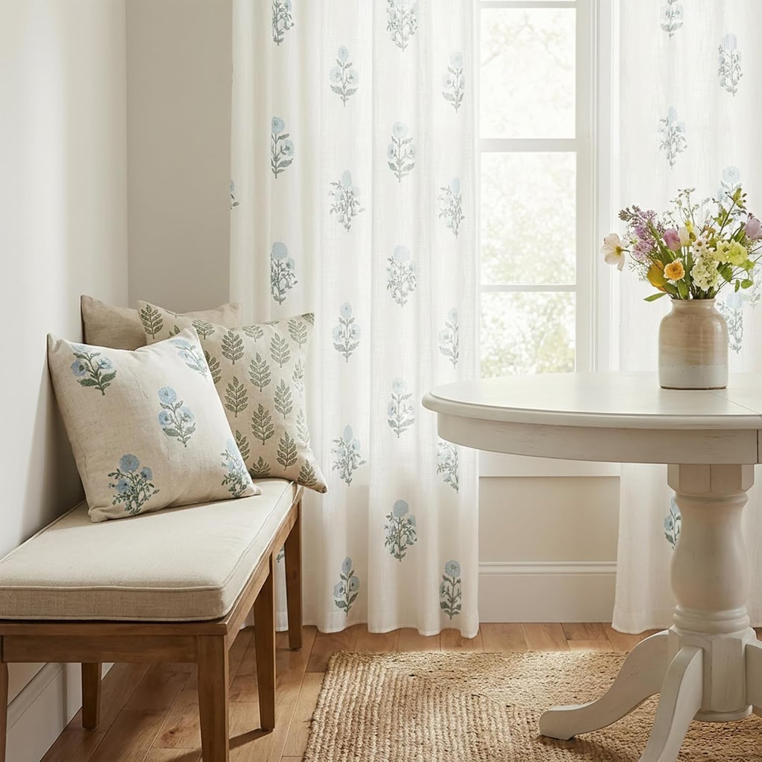 Pinch Pleated Floral Curtains 63 Inch – Vintage Beige White Pattern Set of 2