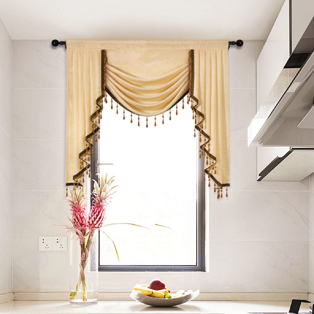 Elkca Jacquard Waterfall Valance Luxury Beads Beige Window Curtains Valance For