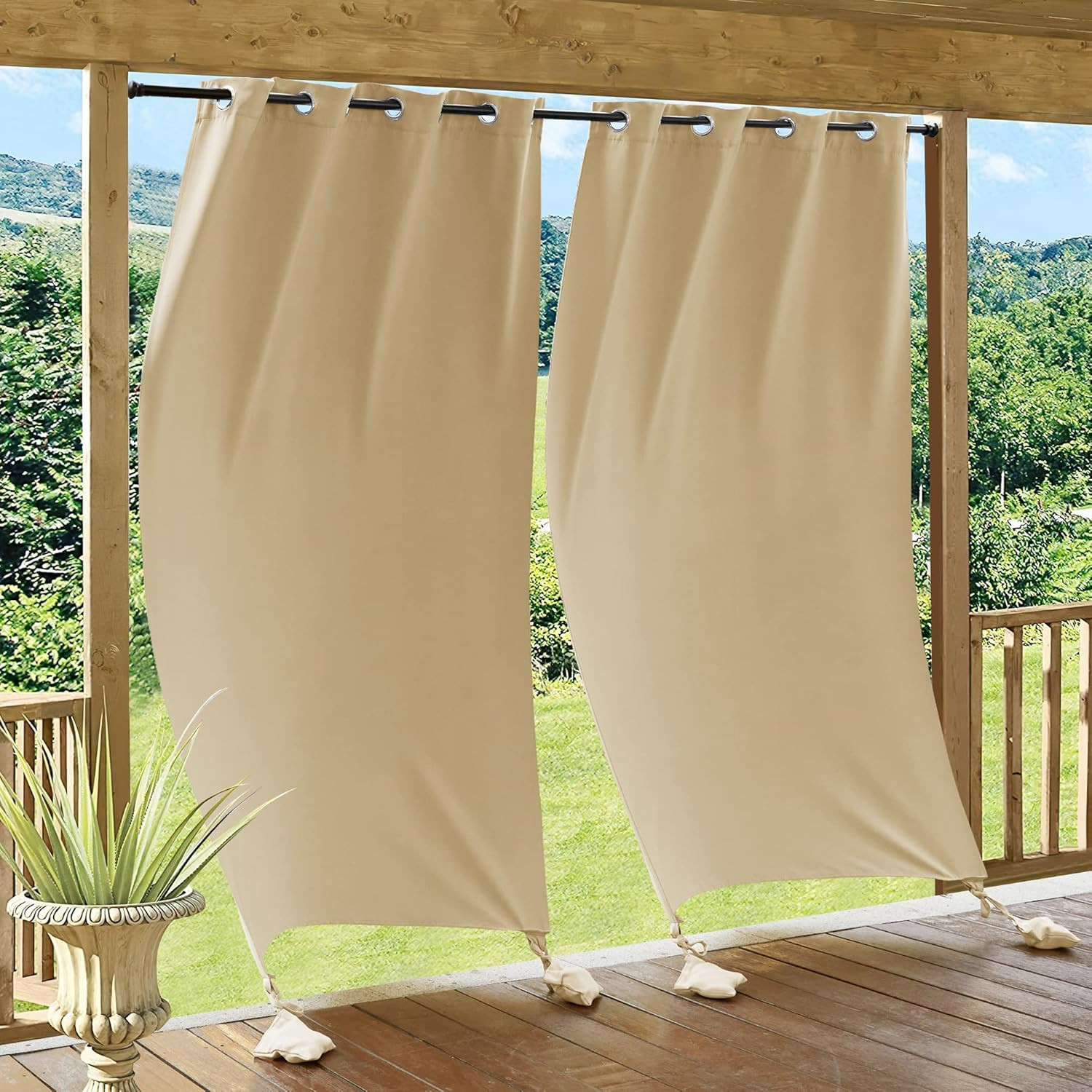 Windproof Outdoor Curtains with Weighted Bags – Beige, 2 Pcs, 52×108 Inch