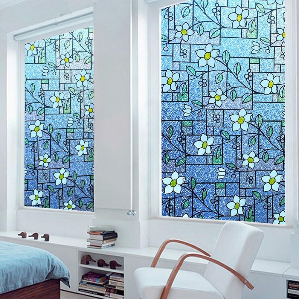 DUOFIRE Stained Glass Window Film Color Flower 17.4 x 78.7 inches, Dp003-1