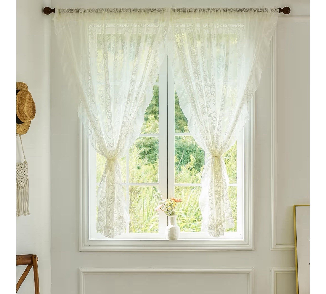 TUDECO Lace curtains Ivory Translucent curtains w/floral ruffles 2 panels 59×45