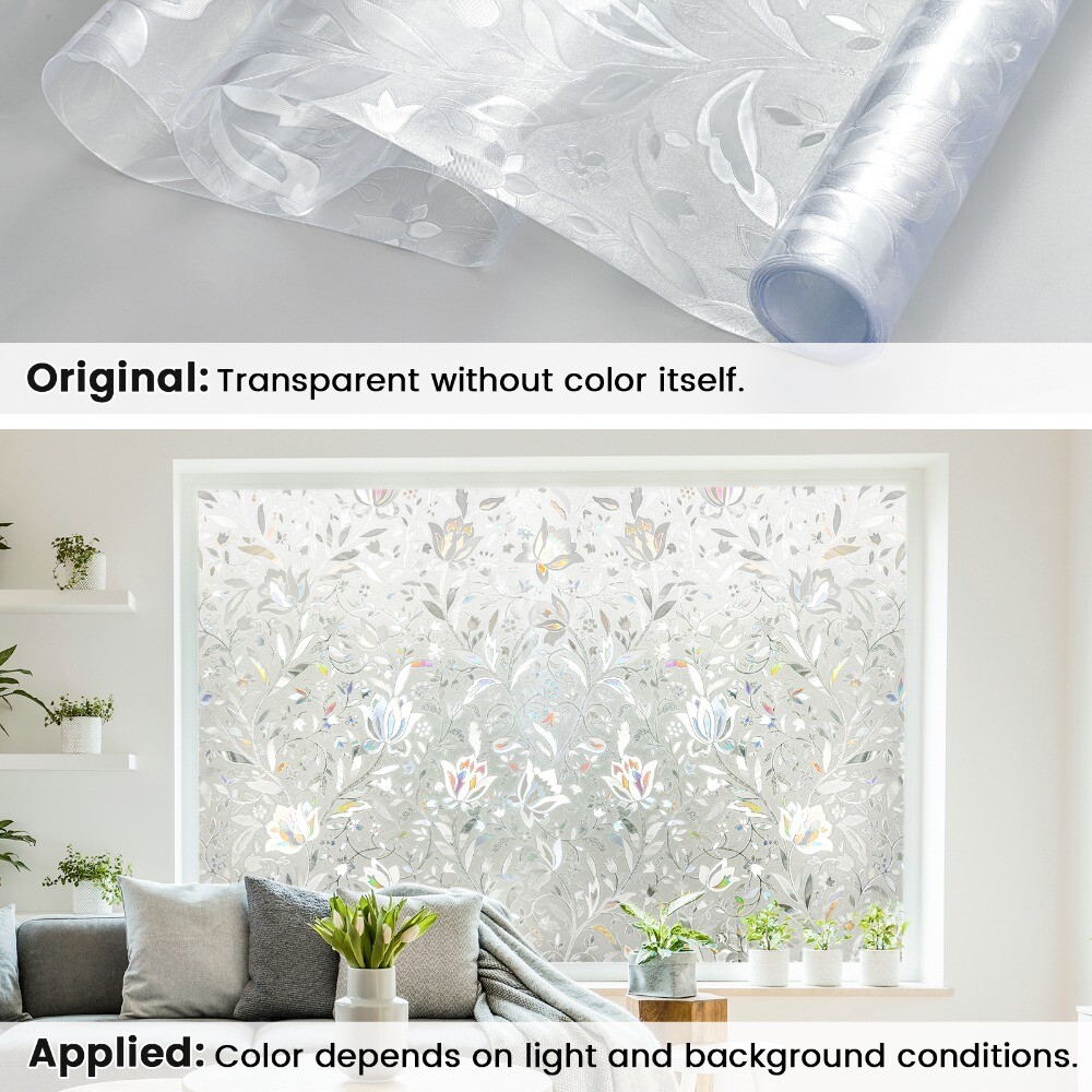rabbitgoo Decorative Window Film Stained Glass Flower Static Cling Window Tint