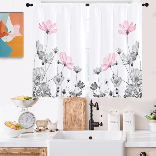 Pink and Gray Floral Kitchen Curtains Mini 27.5” W x 39” L Daisy Flowers