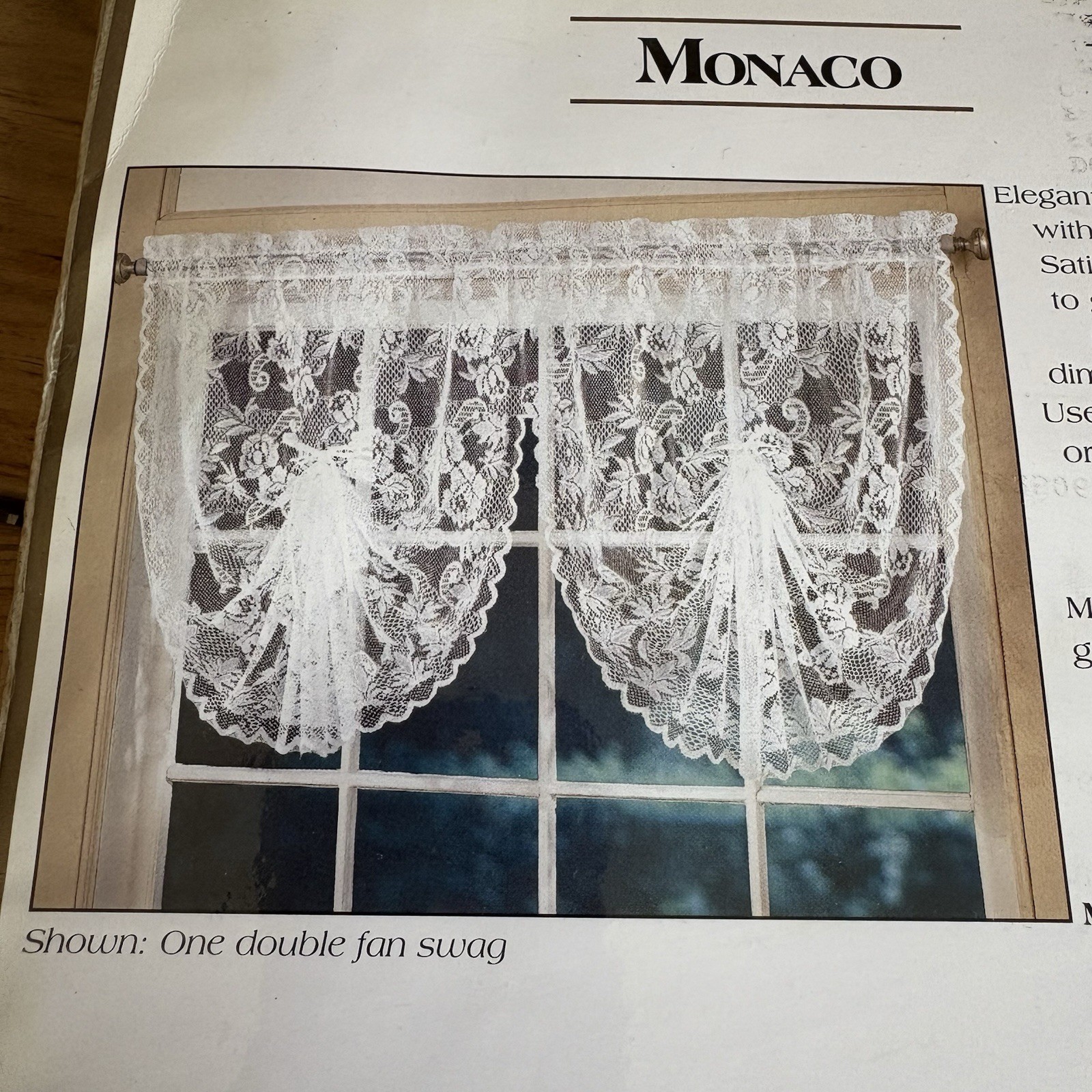 Lorraine Monaco Ivory Floral Lace Double Fan Swag 60×40 vtg Curtain