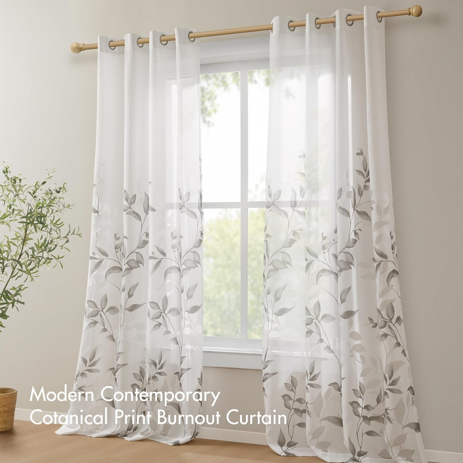 Cecily Semi Sheer SINGLE Panel Window Curtain Burnout Botanical Print, Easy To H