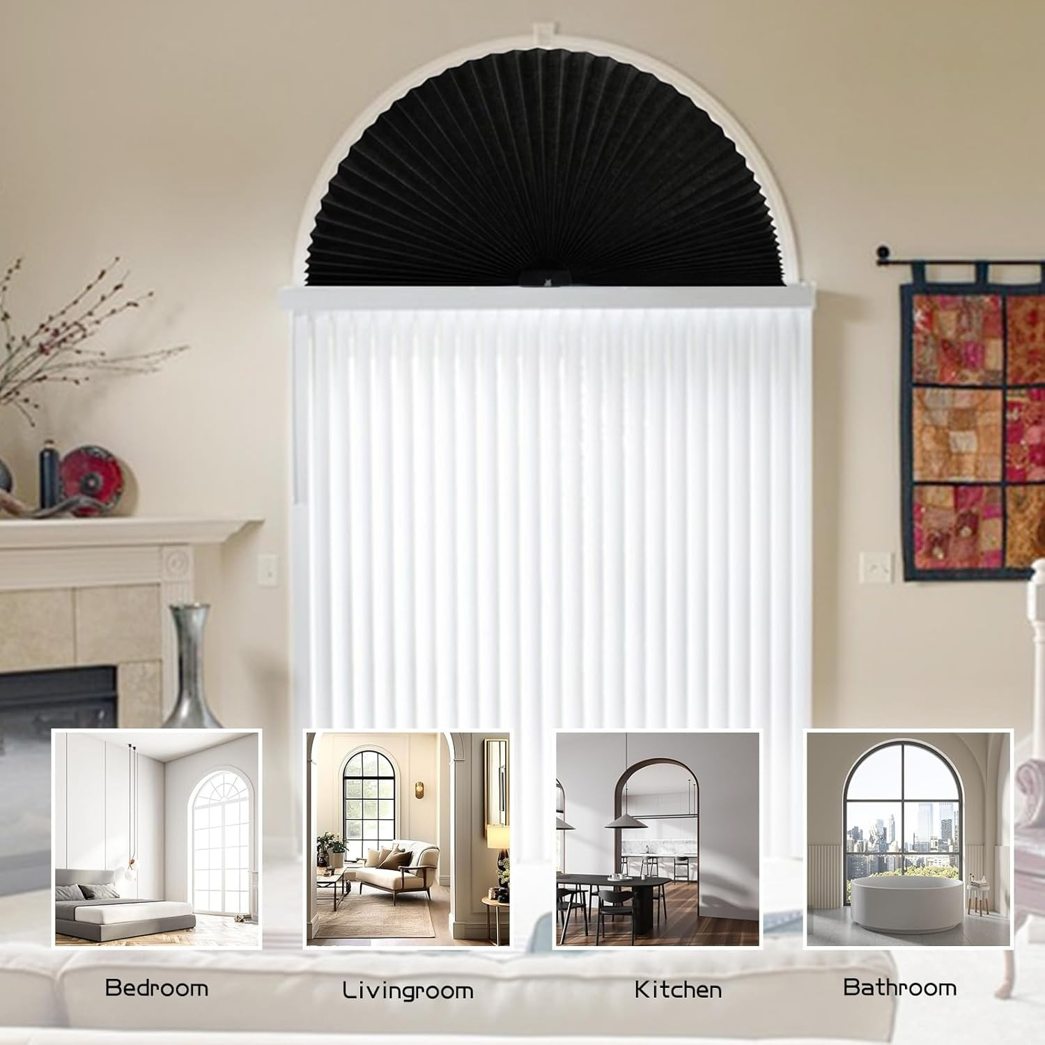 Arch Window Shade Curtains Half Circle Moon Pleated Fabric 36W x 18H Black