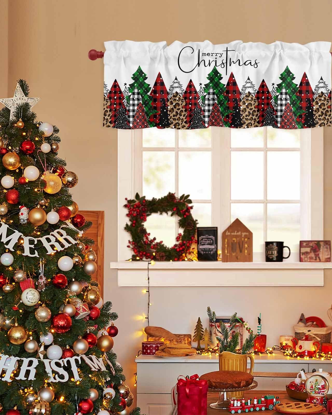 Cortinas navideñas con cenefa para decorar ventanas de cocina, 137 x 45 cm