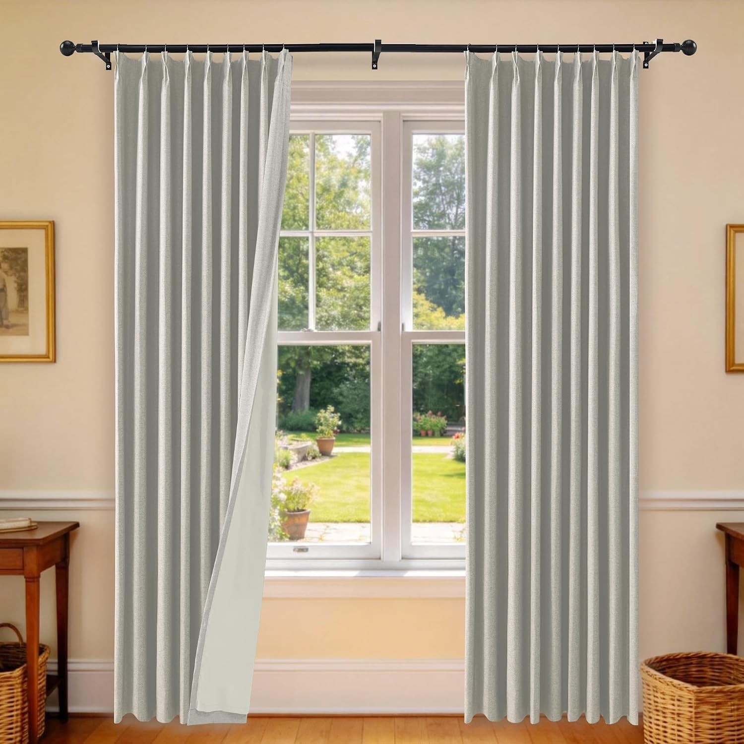 100% Blackout Linen Blend Pinch Pleated Back Tab Curtains with Lining,Dove Gray