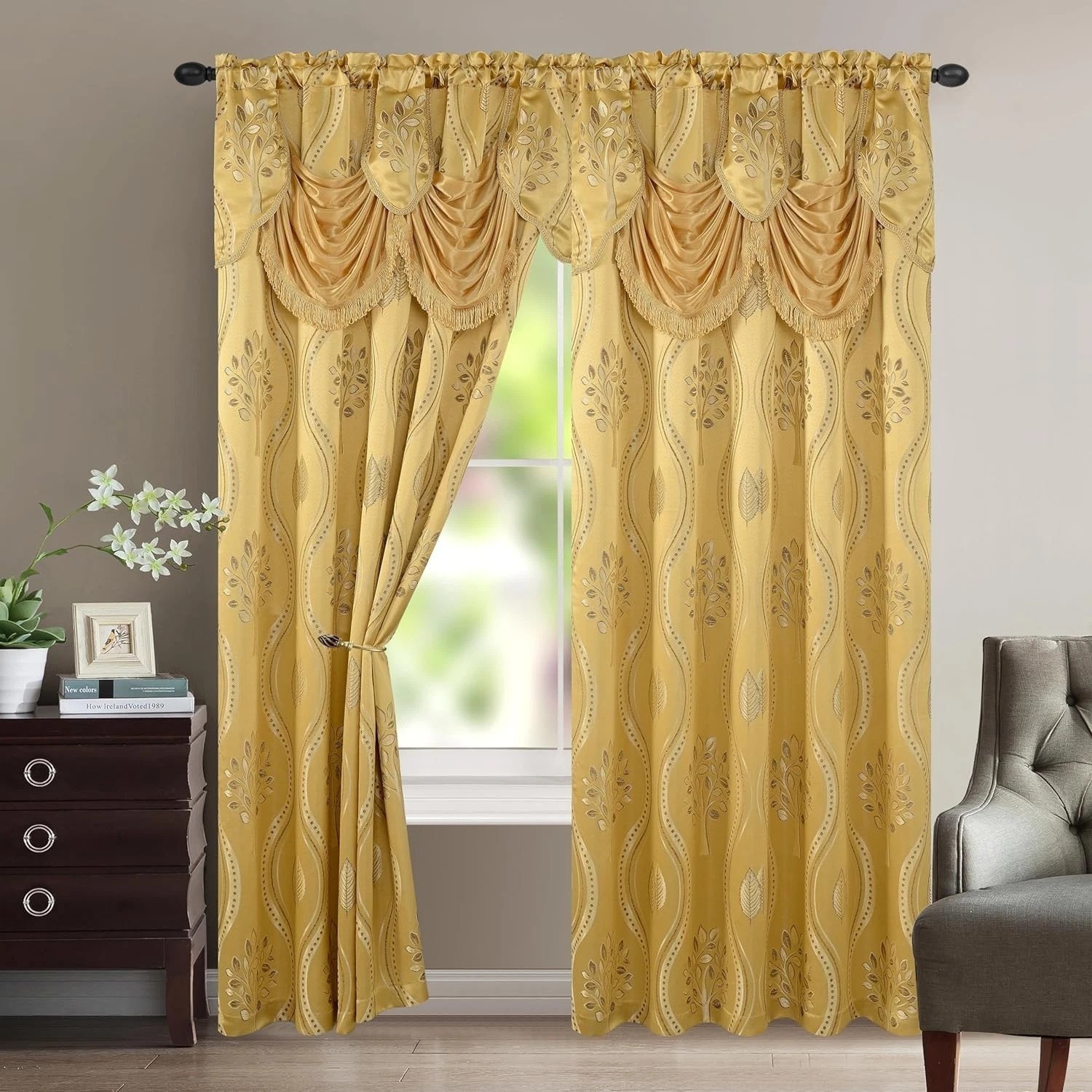 Decorative Gold Jacquard Curtains with Attached Valance 54 by 84 for Home Decor