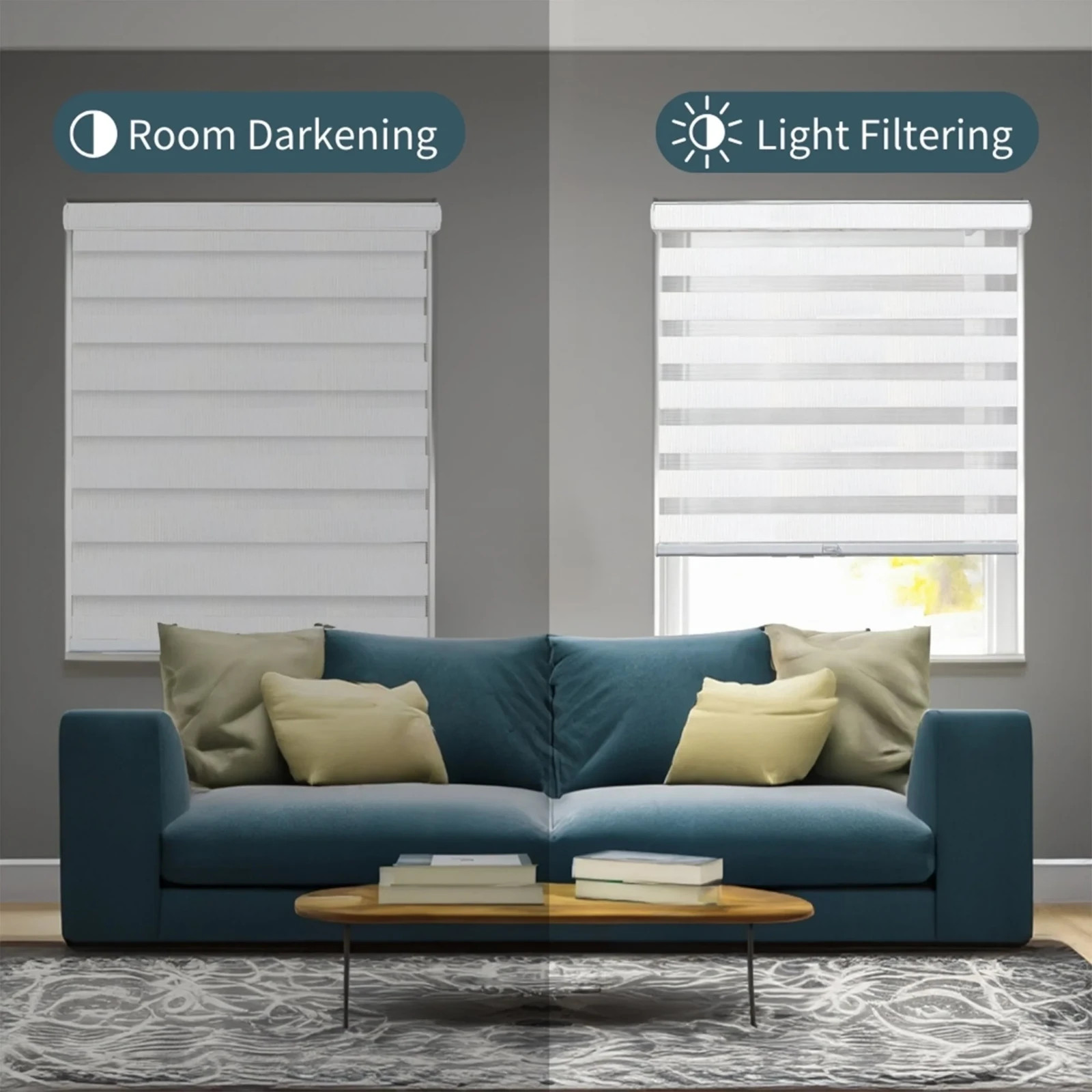 Basic Arctic Cordless Dual Layer Zebra Roller Window Shade – 35″ W x 72″ L