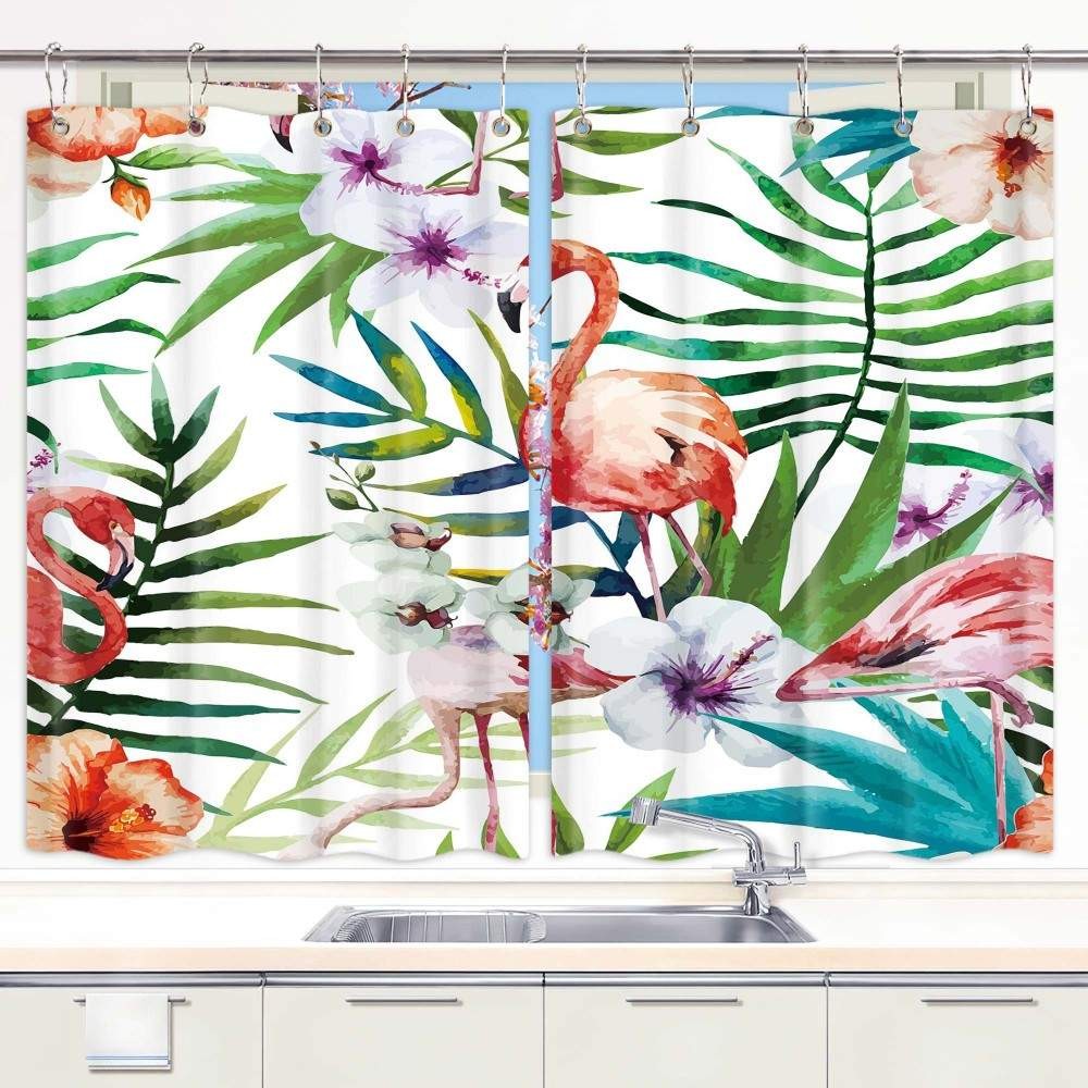 Floral Flamingo Kitchen Curtains Window Drapes 2 Panel Set with Hooks Waterproof