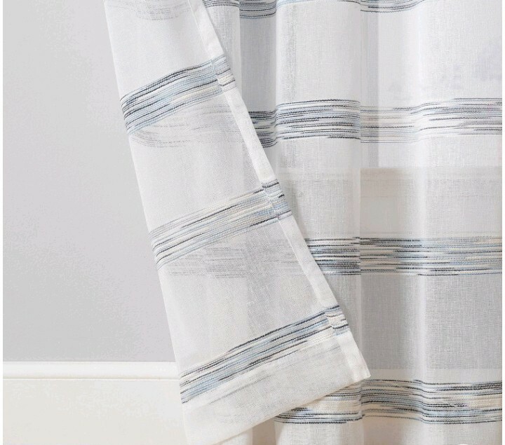 VUE ELEMENTS Kyoto Semi-Sheer Striped Single Curtain Panel White Blue 84″ New