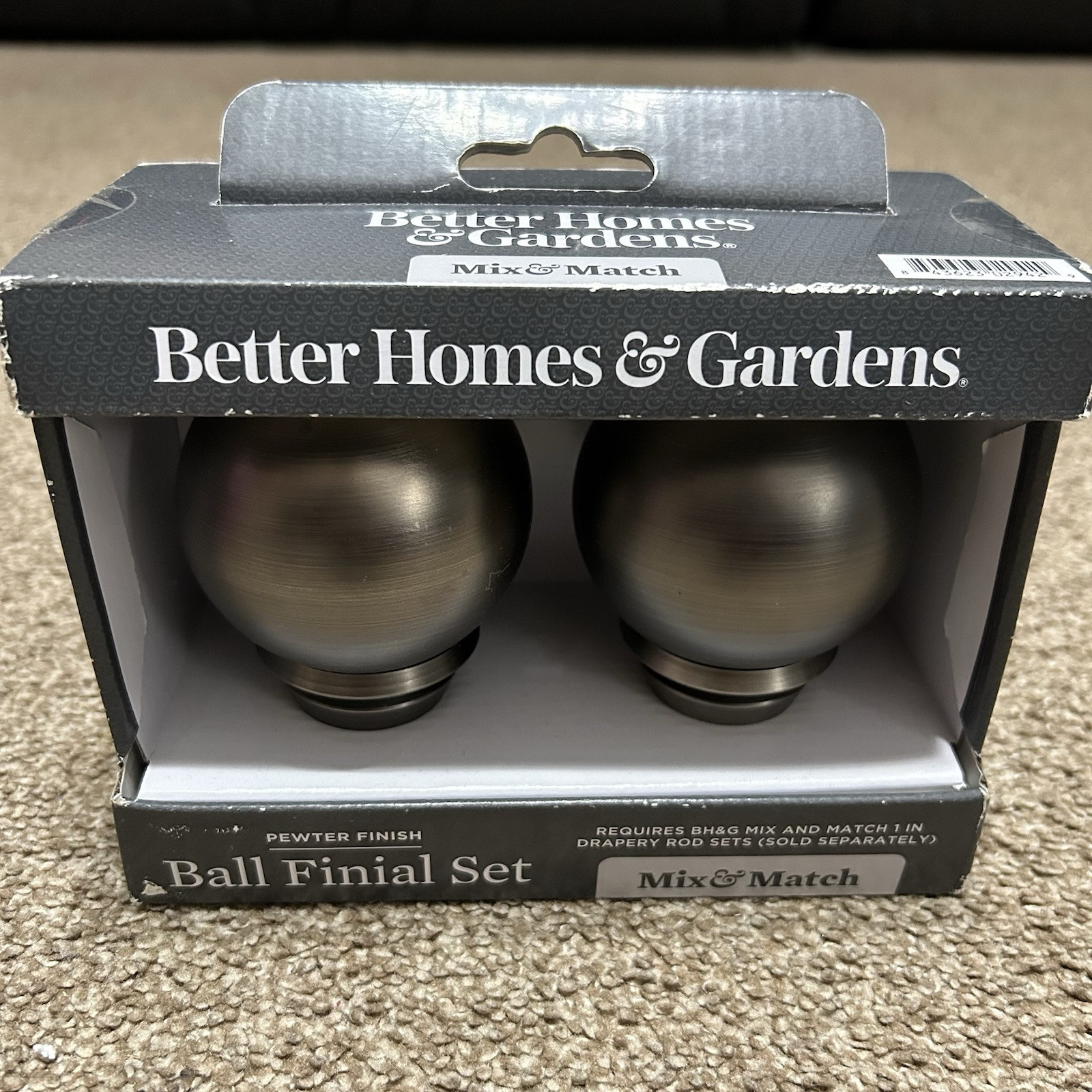 NIB Pair Of Ball Finials Pewter Finish For Drapery Rods Better Homes & Gardens
