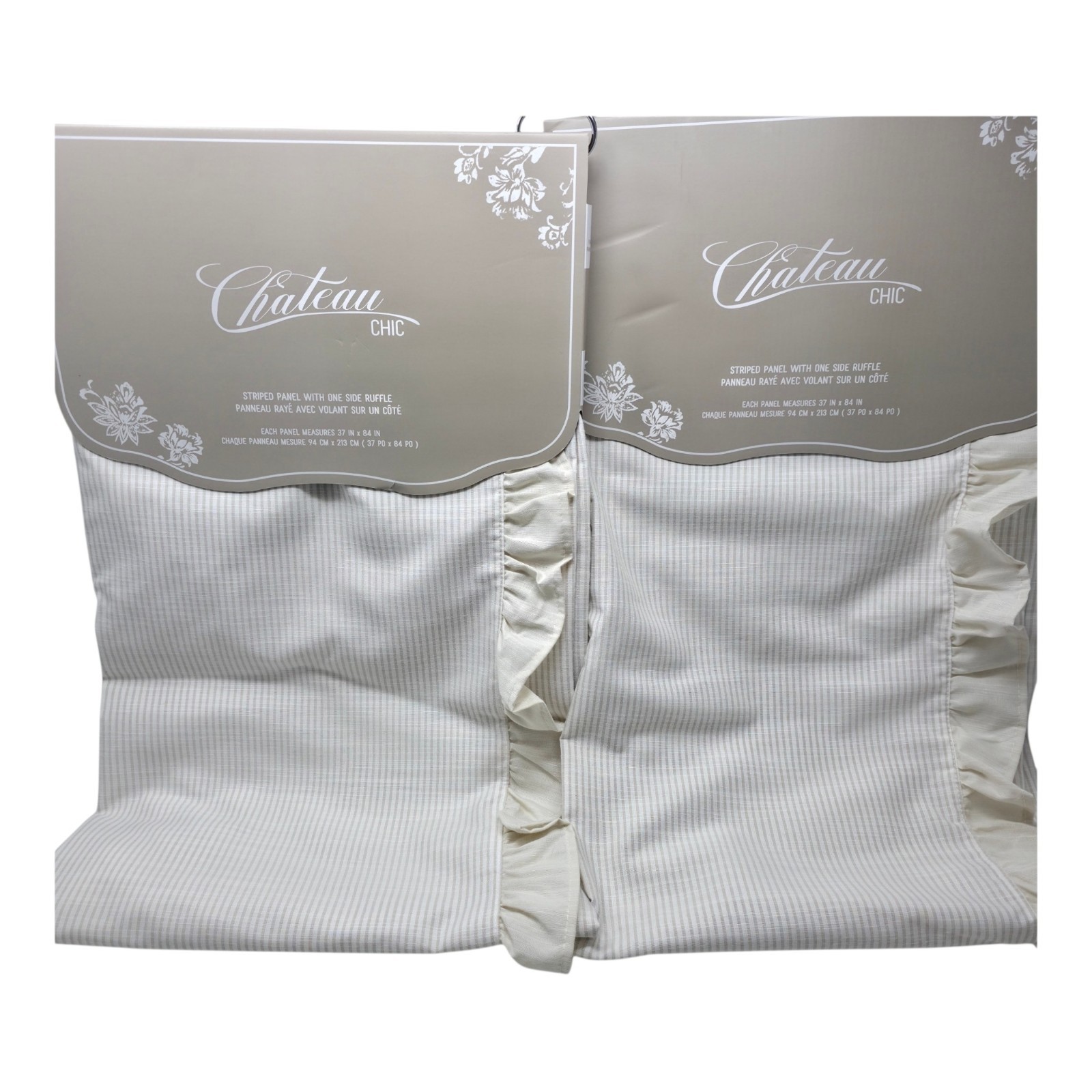 Chateau Chic Set Of 4 Stripe Ruffle Curtain Panels 38×84 Ivory Farmhouse NEW