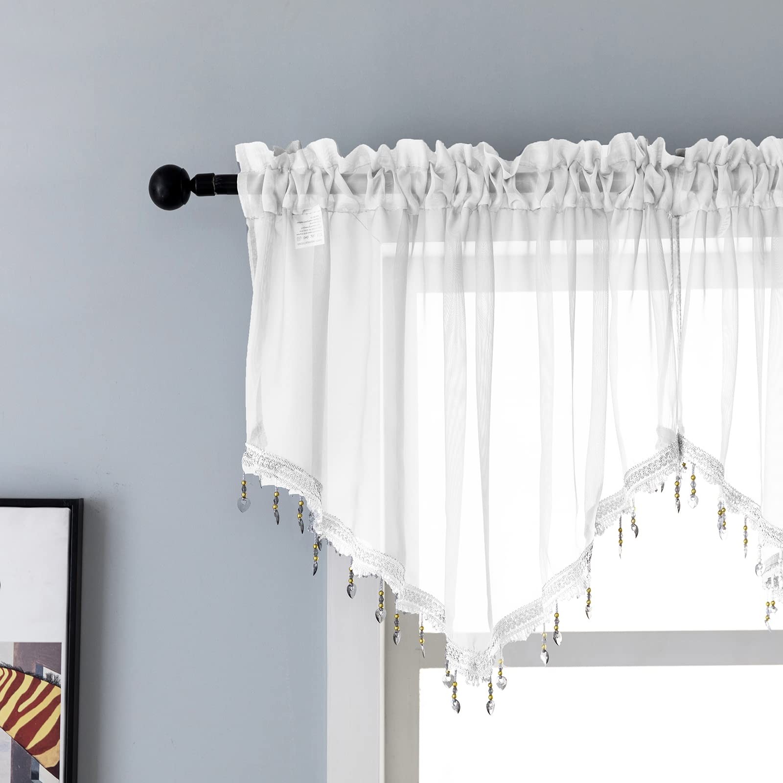 Beaded Triangle Sheer Valance Curtains for Living Room,Rod Pocket Farmhouse W…