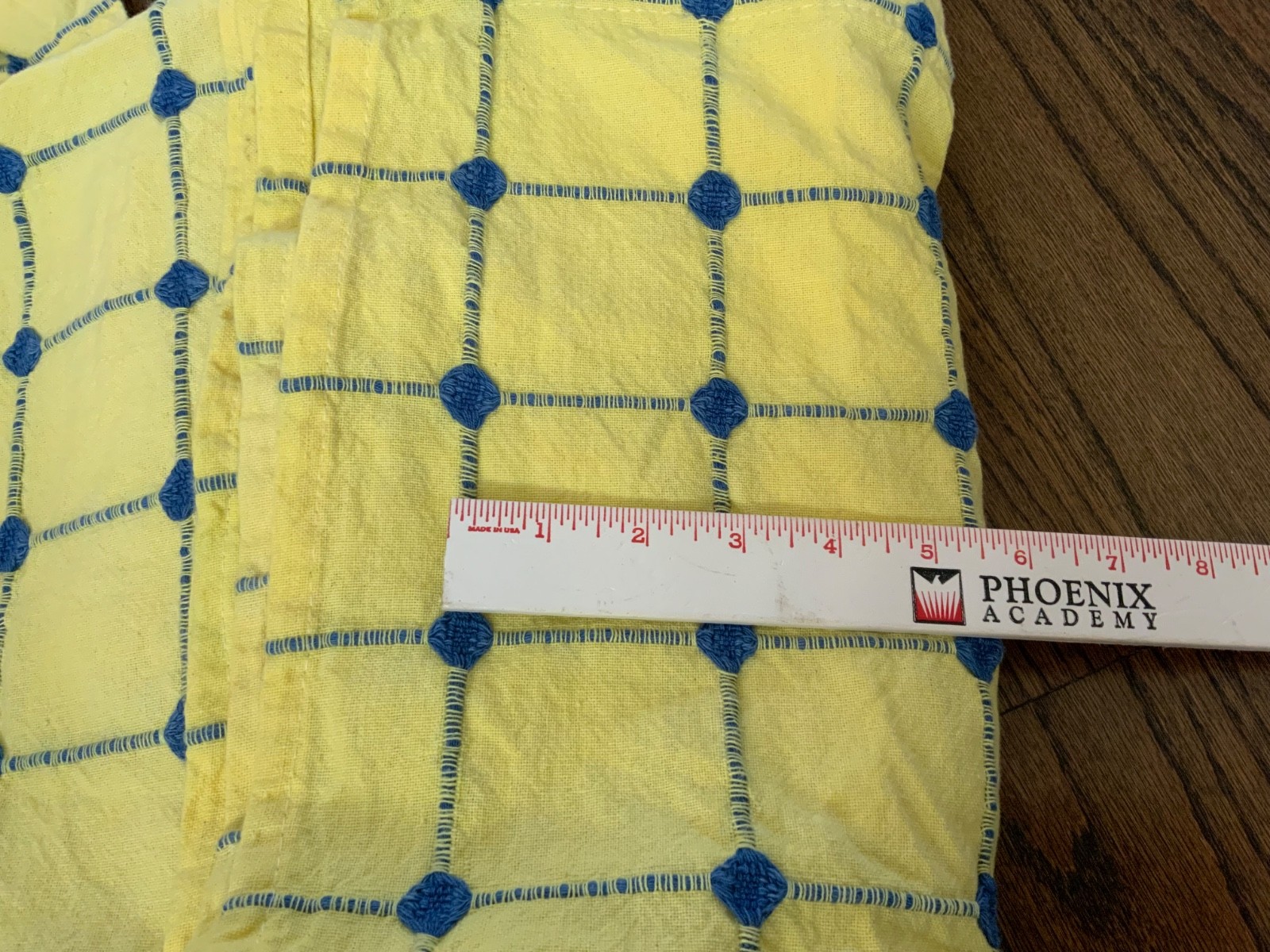 Crewel embroidery handmade window curtains set checker wood buttons yellow blue