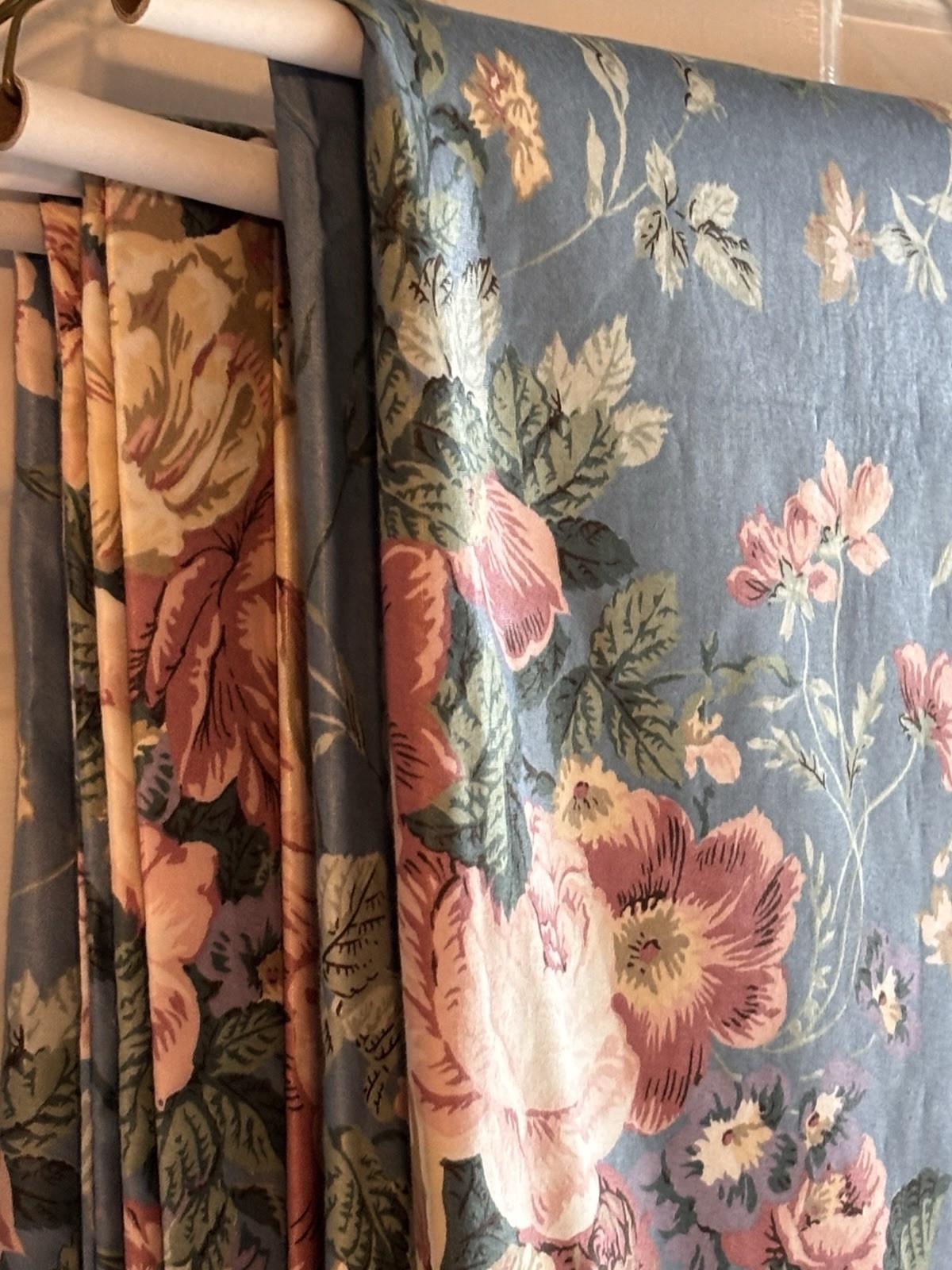 2 Pair Curtain Drapes Blue Pink White Chintz Floral 48”W Each Panel X88”L