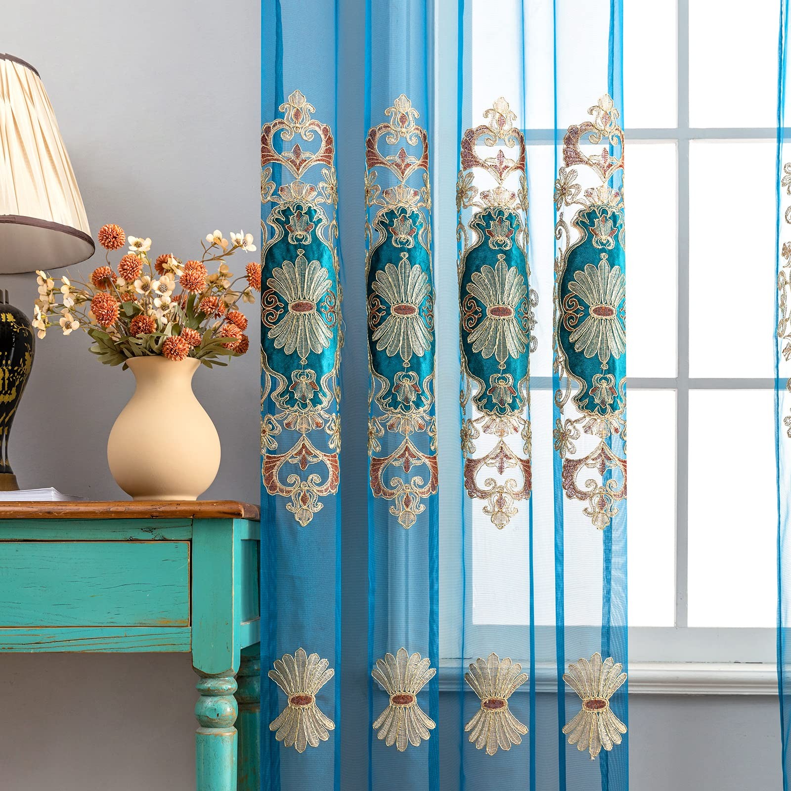 Classical Embroidered Sheer Curtain for Living Room Luxury European Style Pea…