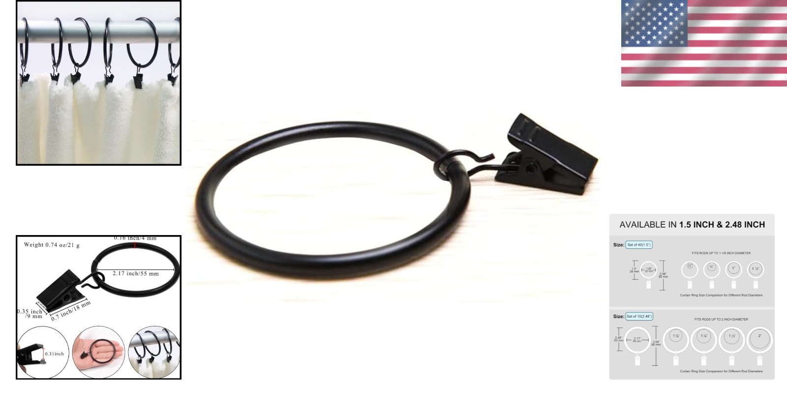 Large Curtain Rings with Clips, 10 Pack 2.5 Inch Rustproof Metal Drapery Hoops
