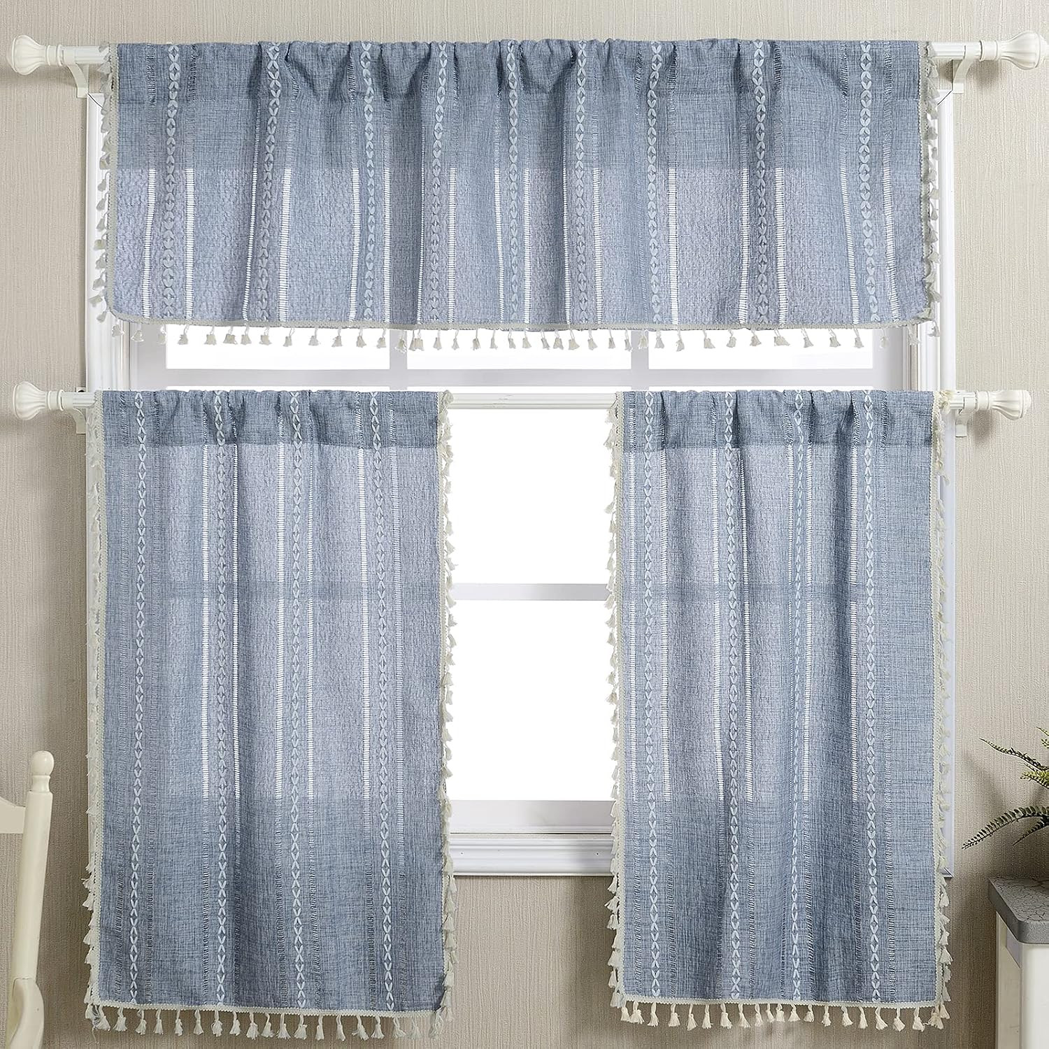 Boho Kitchen Valances for Windows Embroidered French Striped Farmhouse Vintage C