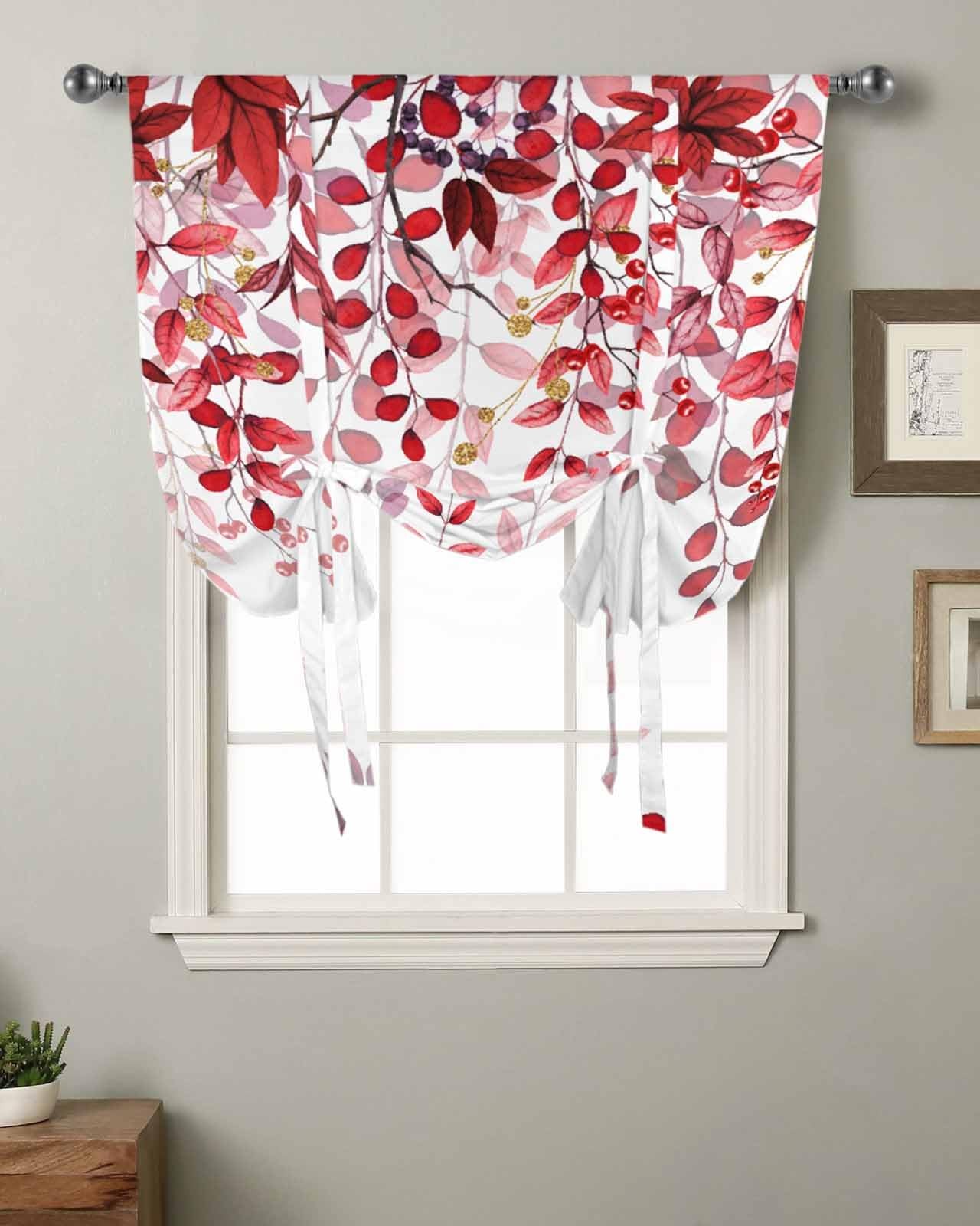 Print Picture Arthome Red Leaves Kitchen Window Shades Tie Up Curtains Rustic