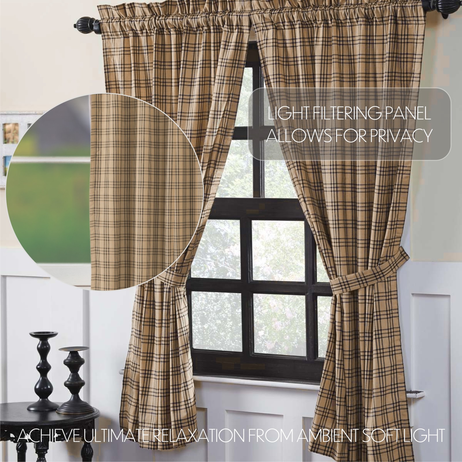 VHC Brands Sawyer Mill Farmhouse Charcoal Tan Plaid Short Panel Set of 2 63×36″