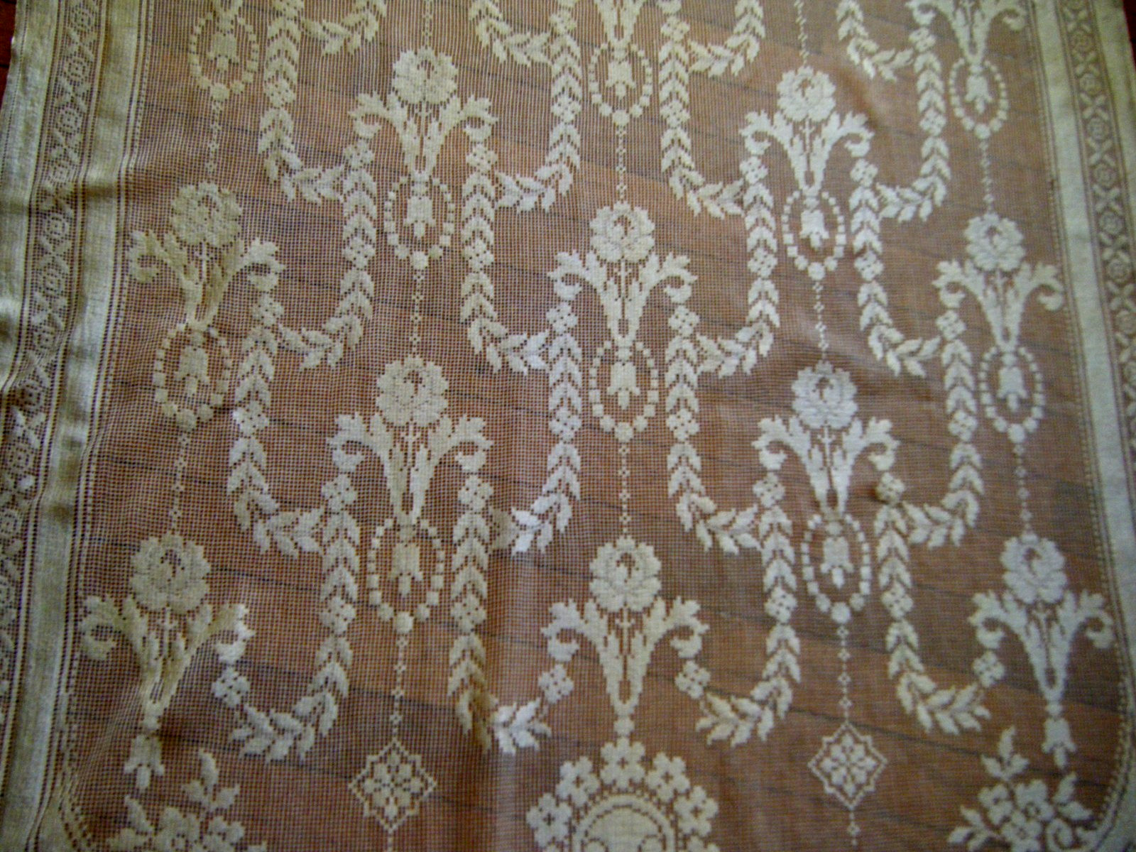Antique 19c curtain panel darnet silk filet net cherubs flower garland fringes