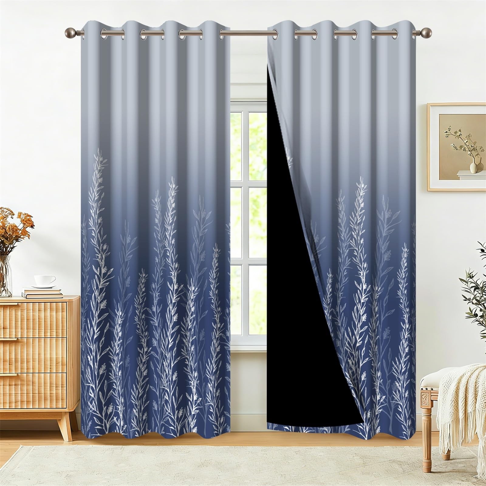Blue Grey Gradient Wild Grass Blackout Window Curtains, Abstract Art Botanica…