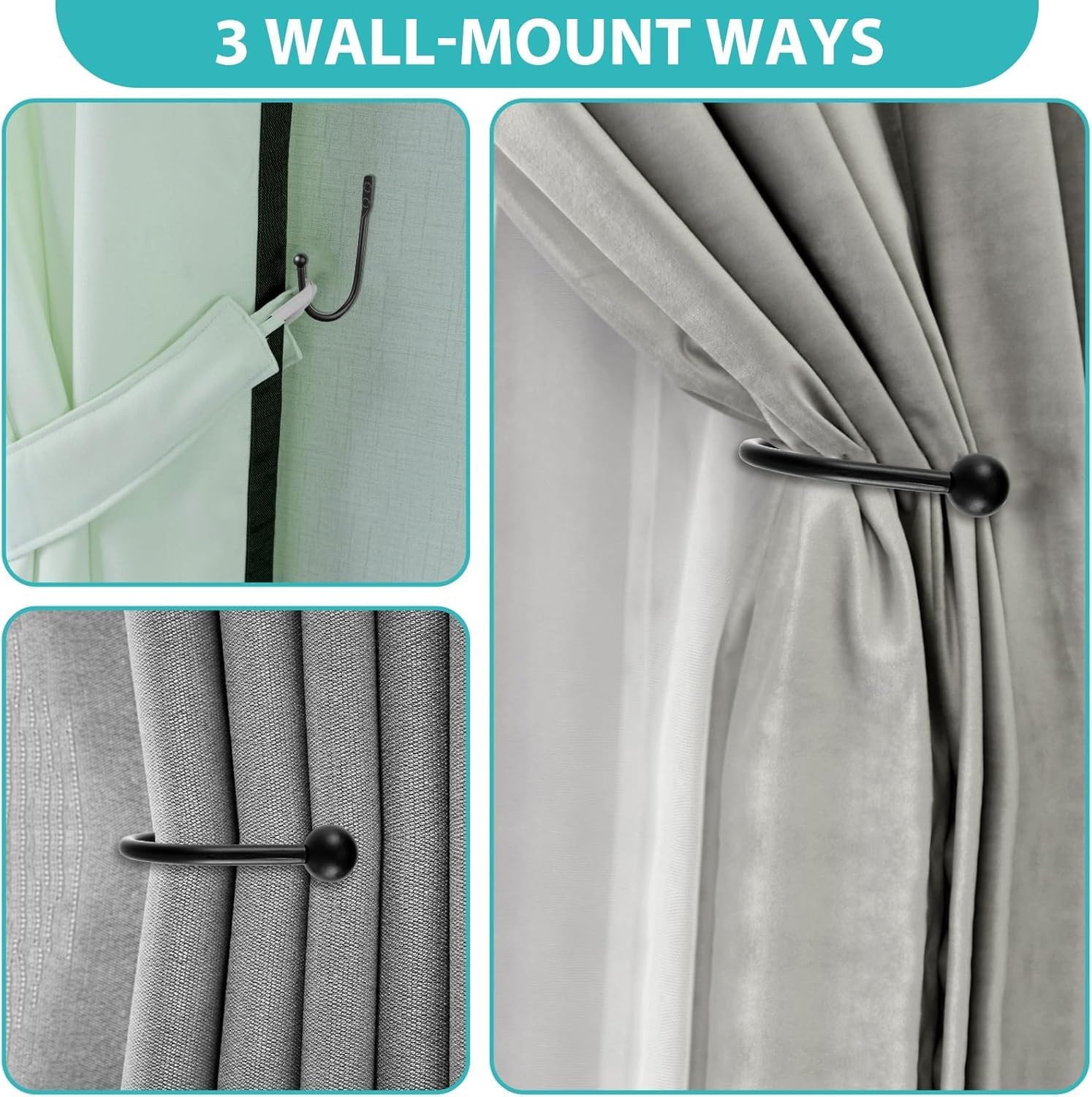 8 Pcs Curtain Tie Backs, Black, U Shaped Curtain Holdbacks Metal Wall Hooks | Wa