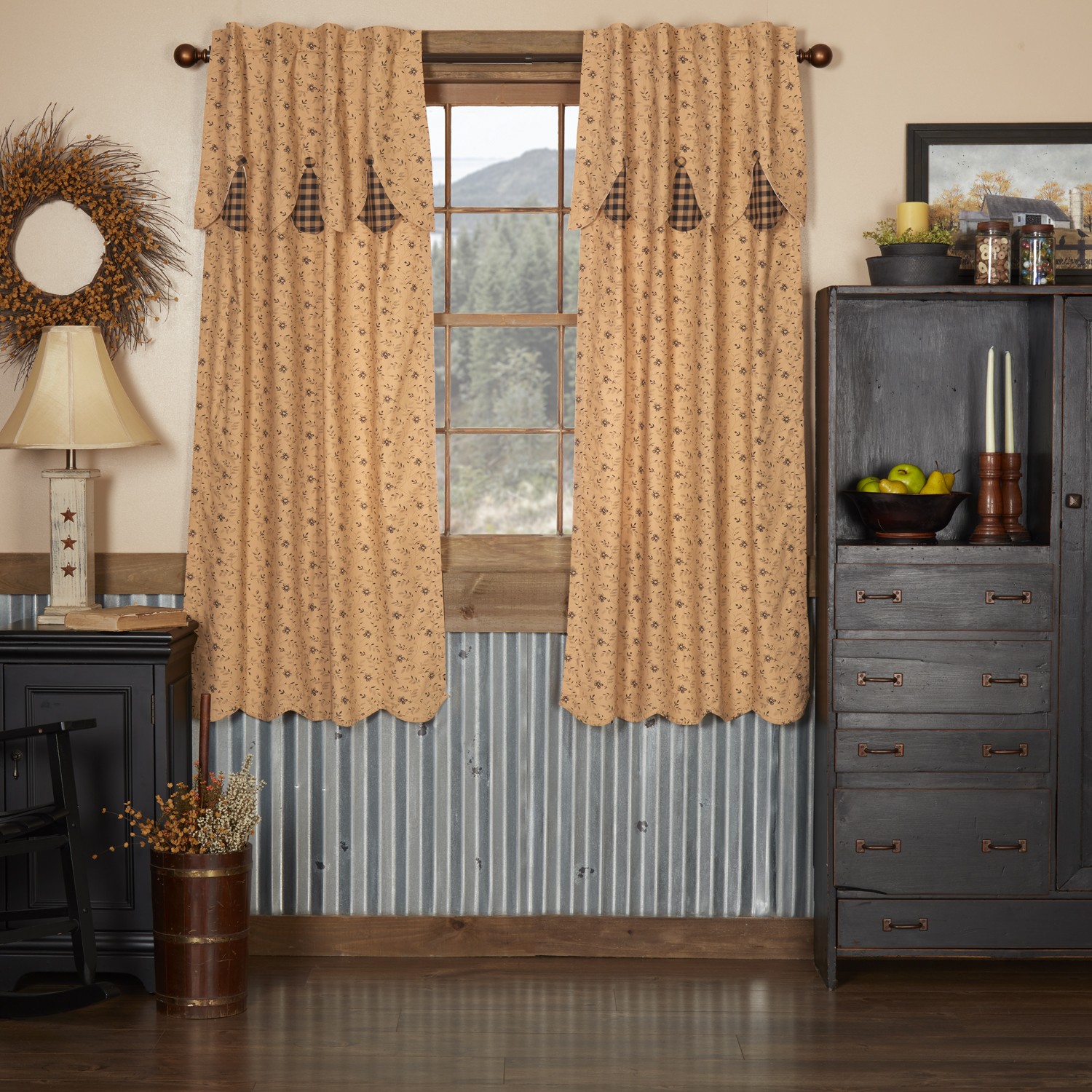 VHC Brands Primitive 63″x36″ Panel Pair Tan Rod Pocket Buttons / Window Curtains
