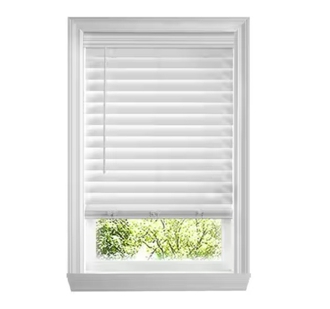 White Cordless Premium Faux Wood blinds 66 in W X 72 in L 2.5 in slats