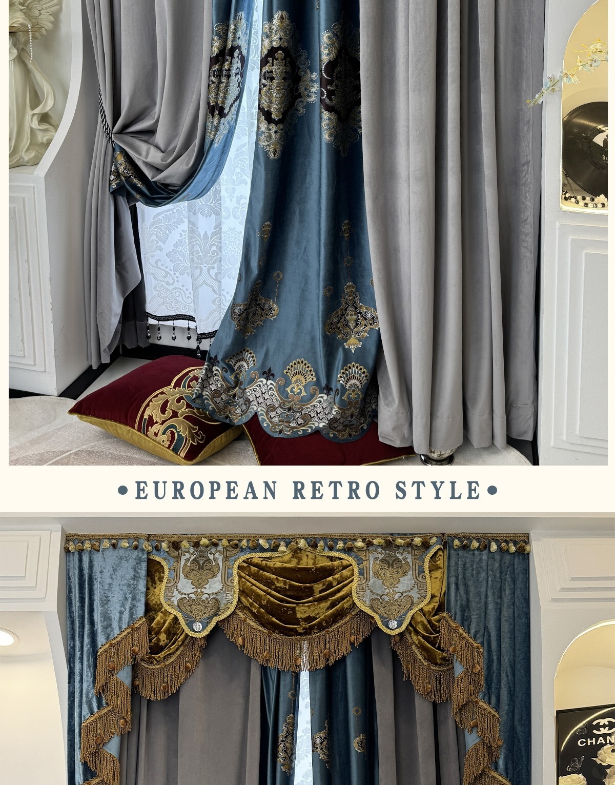 European elegant velvet splicing grey thick cloth curtain valance drape C2145