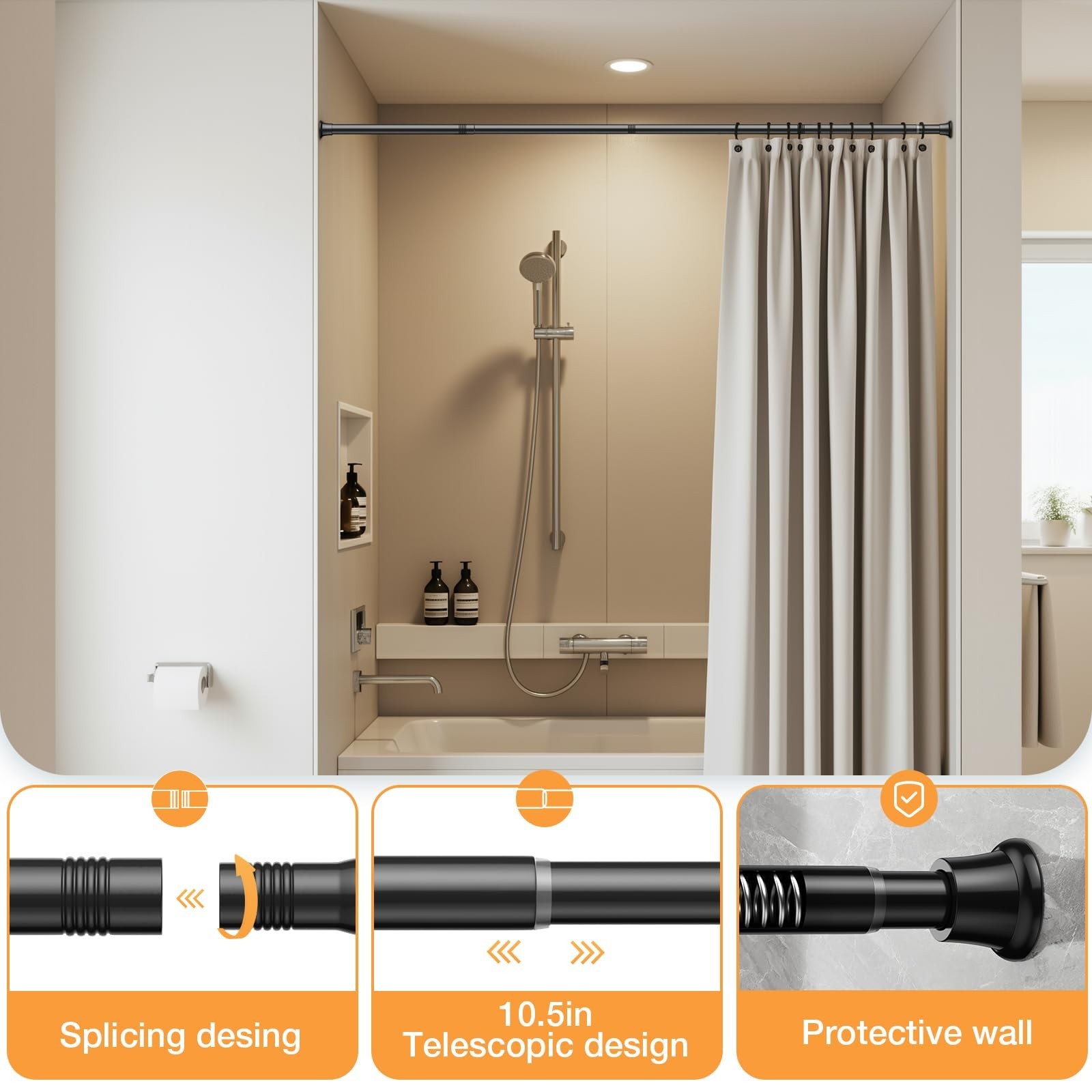 Adjustable Tension Curtain Rods 30-62″ – No Drill, Expandable, Black – 2 Pack