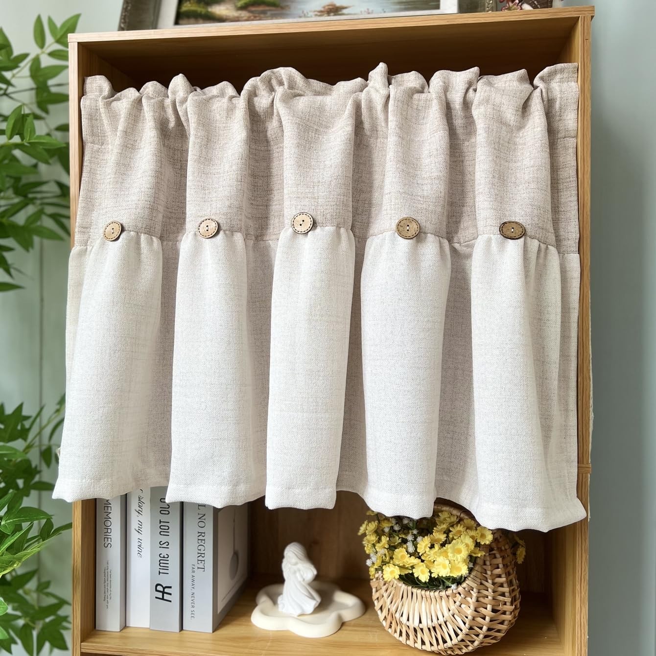 Farmhouse Boho Linen Button Valance for Kitchen Window Dining Room