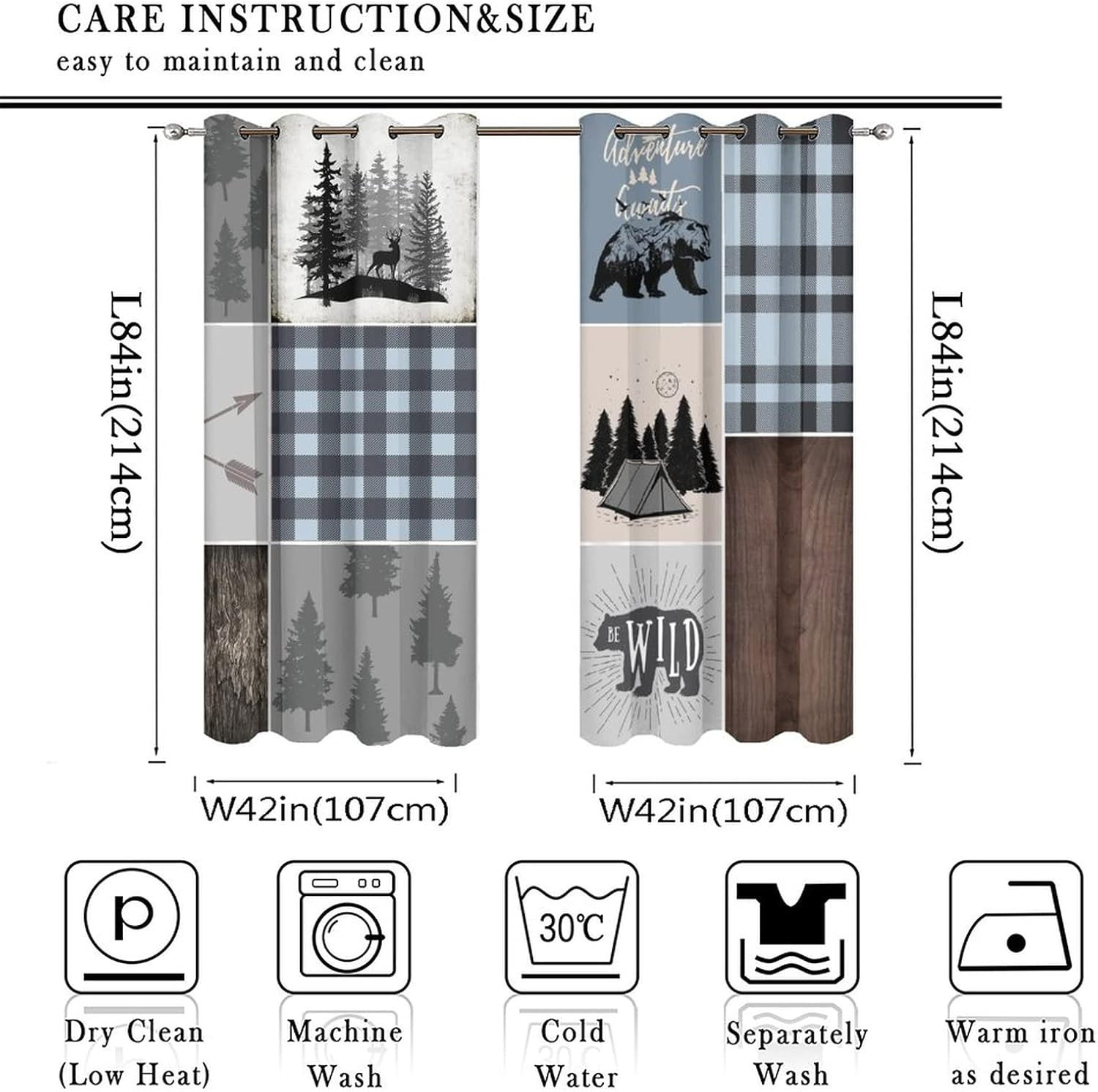 Rustic Bear & Deer Blackout Curtains, 2 Panels, Thermal Insulated 84×42