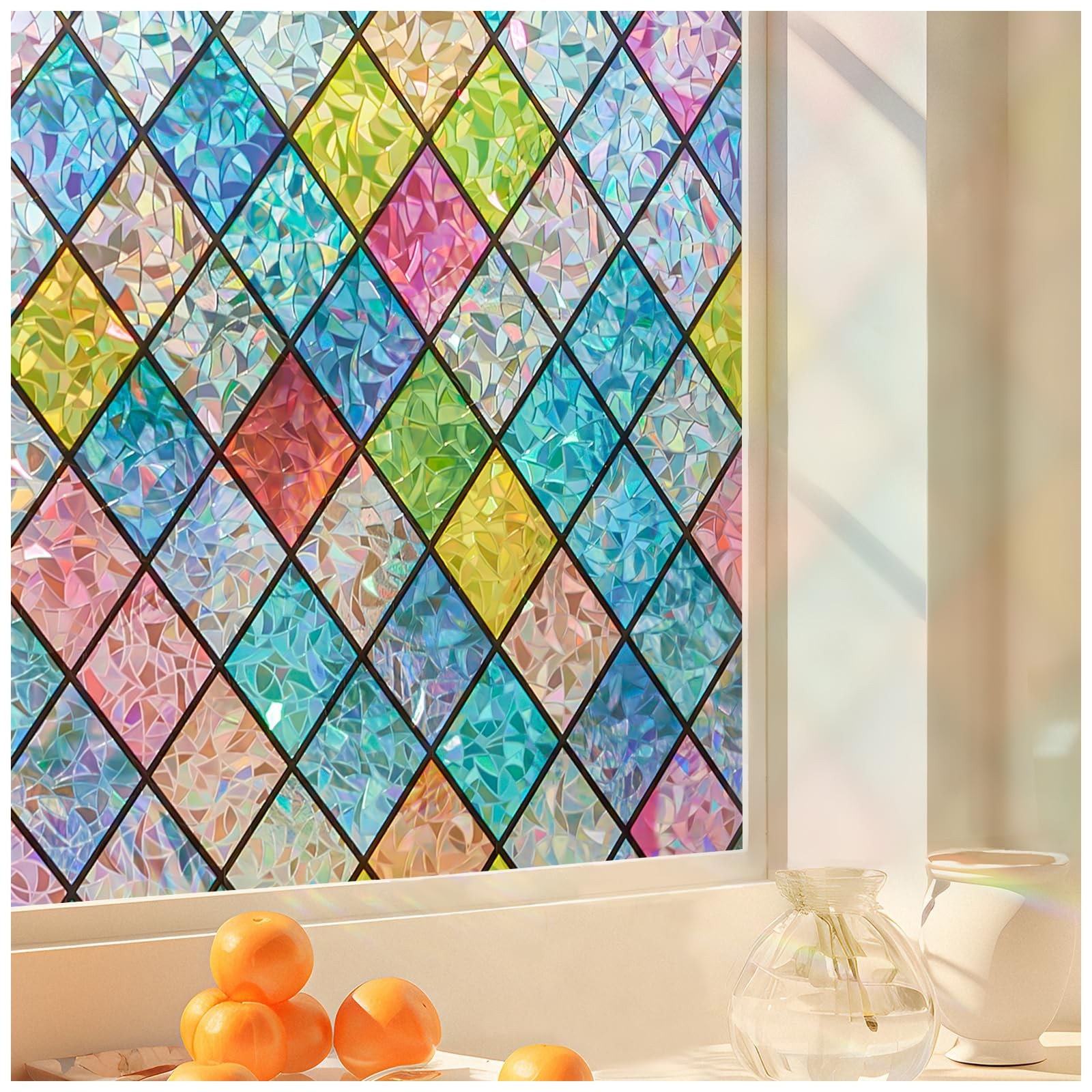Window Privacy Film Stained Glass,Rainbow Window Film Decorative Peel and Stick