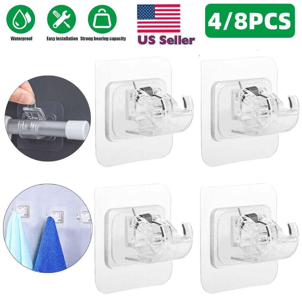 8PCS Nail Free Adjustable Curtain Rod Clip Brackets Self Adhesive Holder Hooks