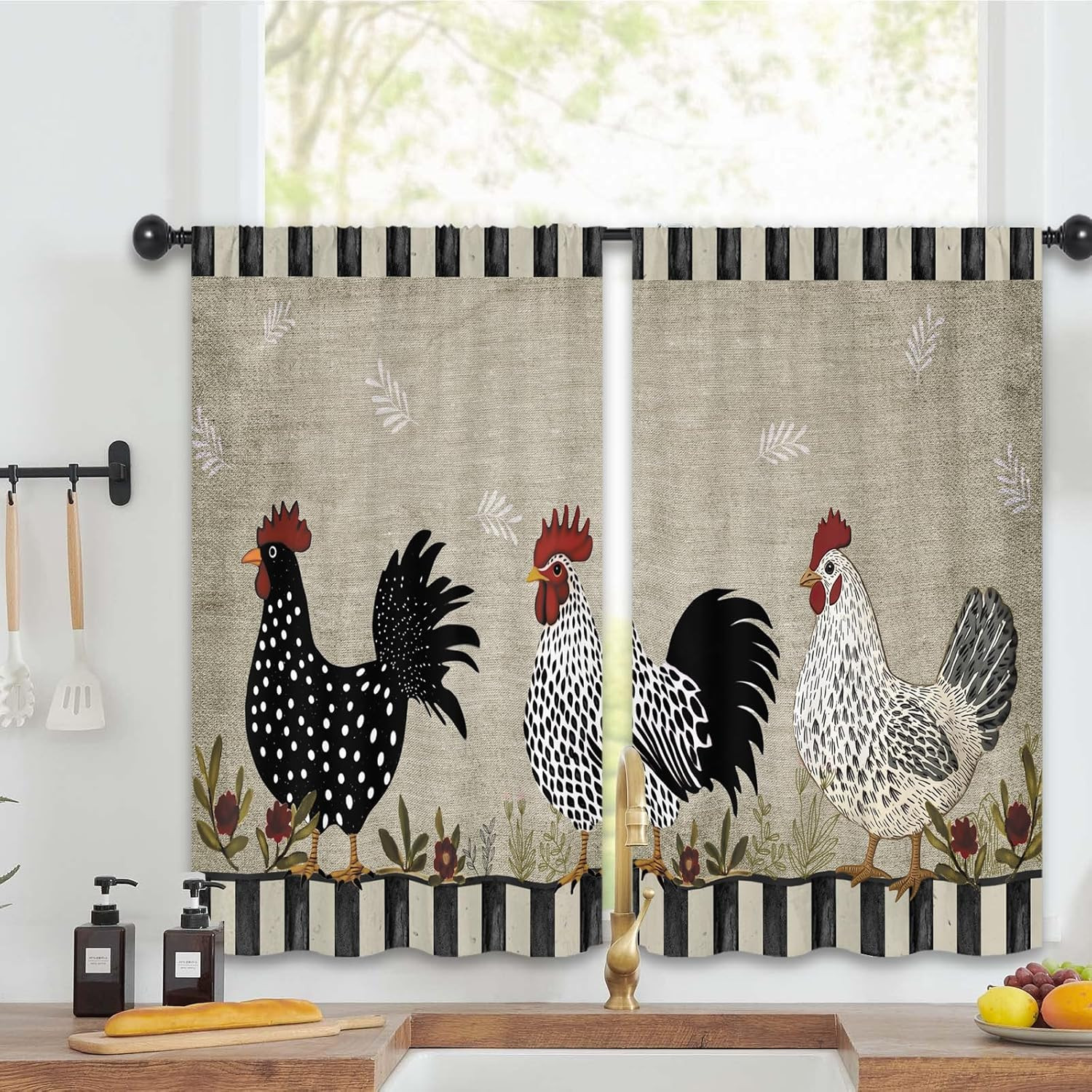 Rustic Farmhouse Rooster Kitchen Curtains 27.5W X 39L Inch Chicken Farm Country