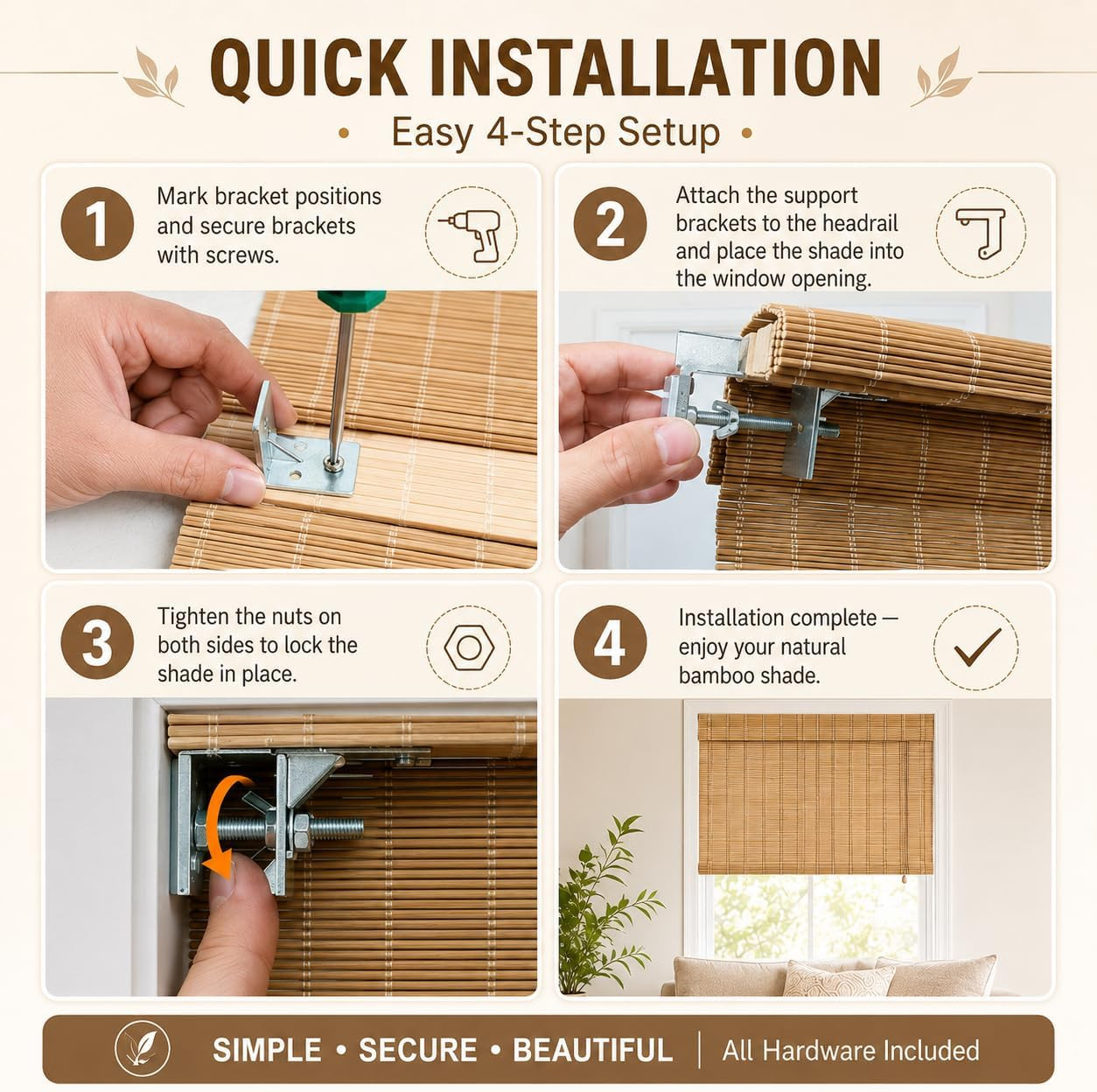 No Drill Bamboo Blinds for Interior Windows, Bamboo Shades for Indoor Windows, R